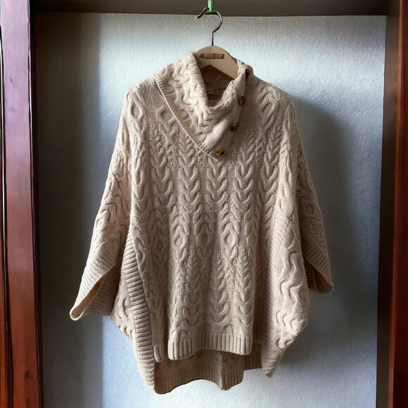 Neiman Marcus Cable Knit Side Button Turtleneck Cashmere Sweater, Size S, Beige